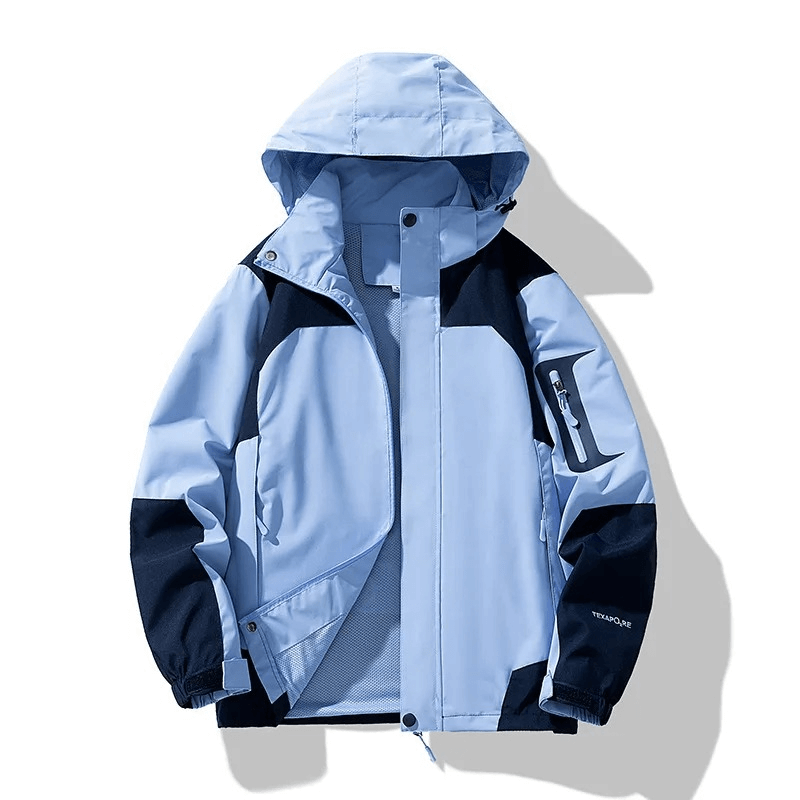 Waterproof hooded outdoor hiking jacket in blue with zipper closure and pockets. Ideal for men. SF1976.
